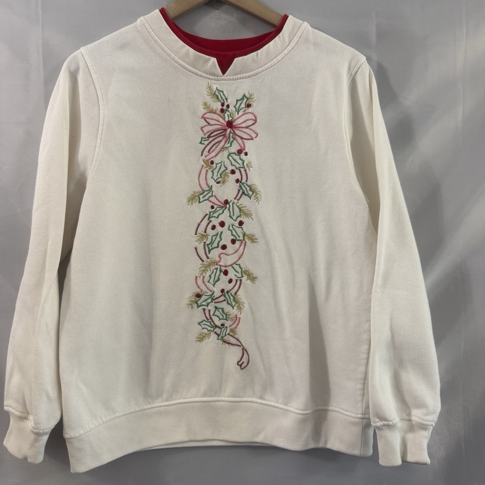 Vintage Christmas Sweatshirt Double Collar Shenanigans Holly Embroidered XL B14